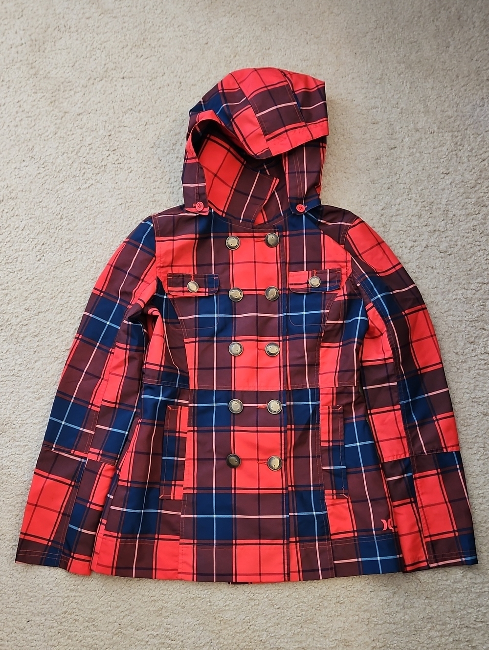 Hurley Red & Navy Plaid Hooded Double-Breasted Pea Coat